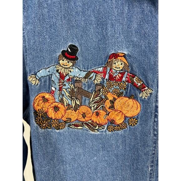 Women's Medium Vintage Denim Fall Scarecrow Halloween Embroidered Blouse Top - Picture 3 of 7